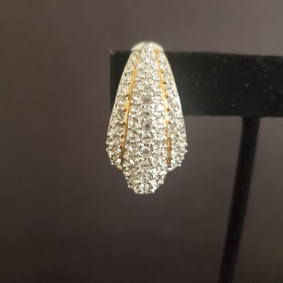 VTG Swarovski Large Earrings Clip On‎ Pave Crystals Gold Plated 80's Swan Signed - Picture 6 of 8
